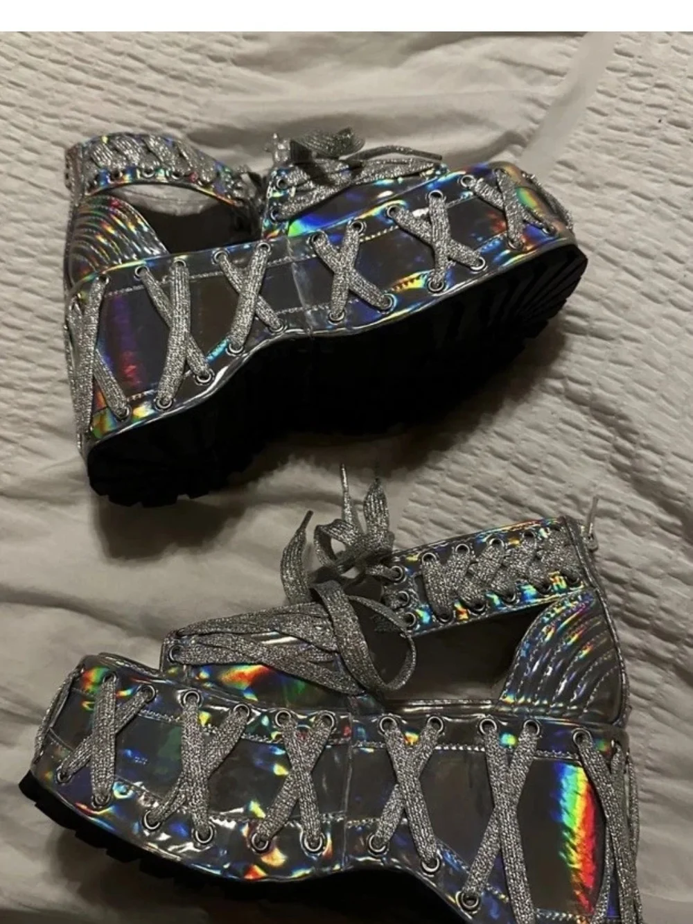Dolls Kill Holographic Silver Lace-Up Platform Sandals
